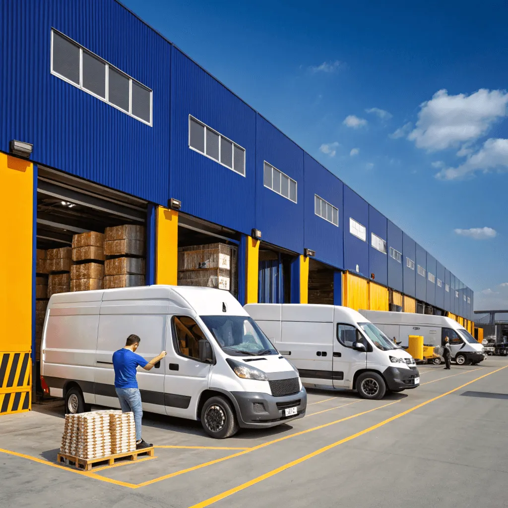 Transporter vor einer Lagerhalle, symbolisiert effiziente Logistik und Spedition