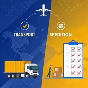 Visualisierung der Unterschiede zwischen Transport und Spedition mit Symbolen für LKW, Kiste, Checklisten und Transportmittel wie Schiff, Flugzeug und LKW.