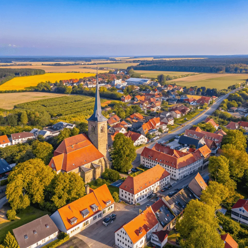 Luftaufnahme mit Kirche, roten Dächern und grüner Landschaft – dein Partner für Transporter mieten, Stretchlimousinenservice und Spedition.